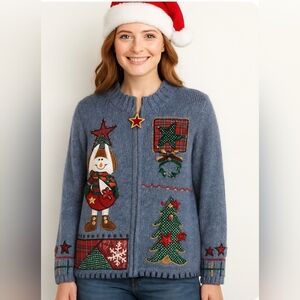 Kikit Wool Blend Knit Full Zip Light Blue Lots Of Details Christmas Sweater Lg*